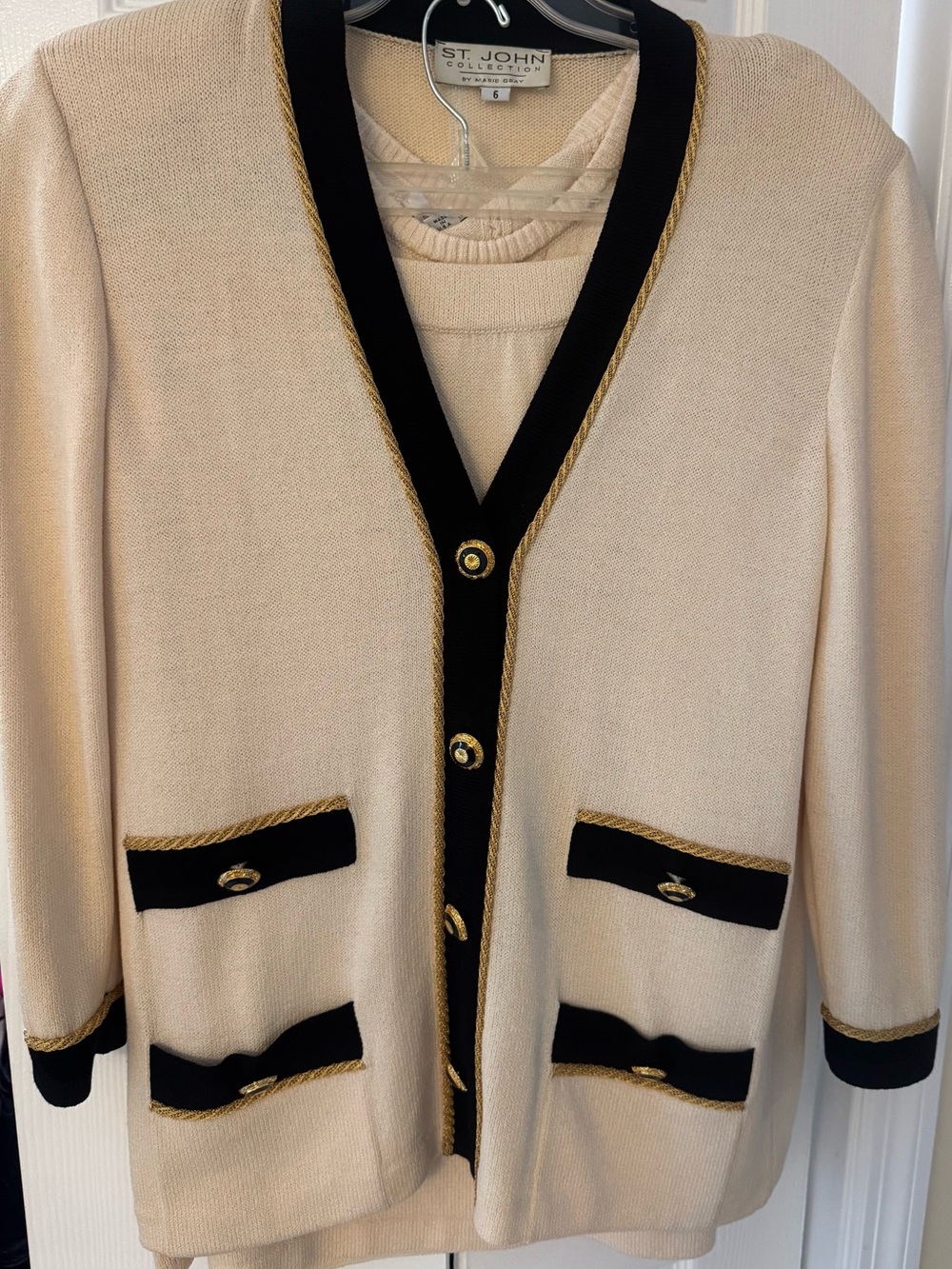 St. John Cream Cardigan with Black & Gold Trim